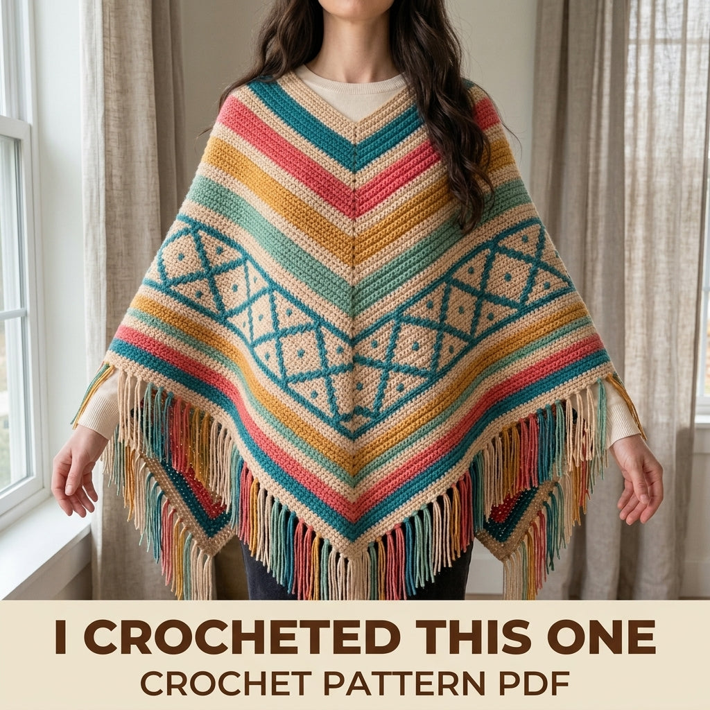 Coastal Lattice Poncho Crochet Pattern PDF – Boho Fringe Poncho with Mosaic Colourwork Band