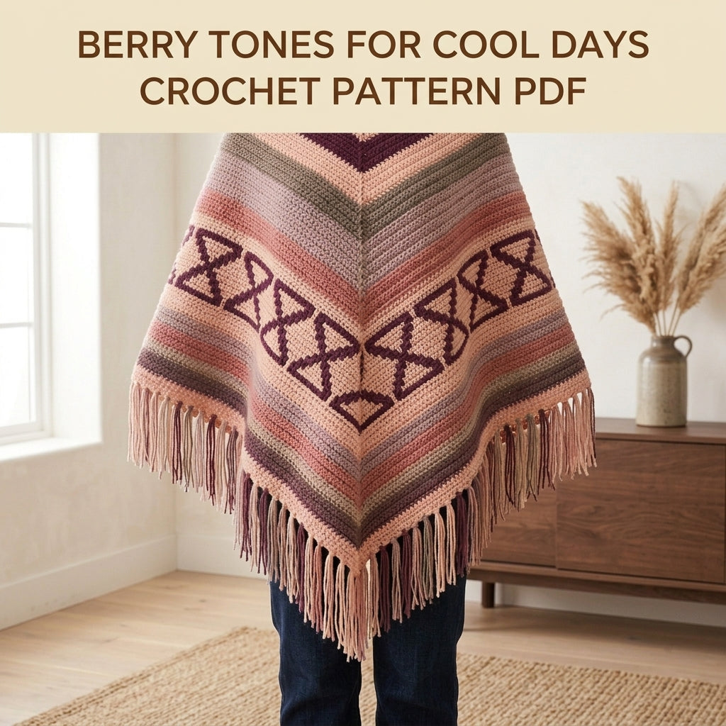 Hourglass Rose Poncho Crochet Pattern PDF – Boho Fringe Poncho with Colourwork Band