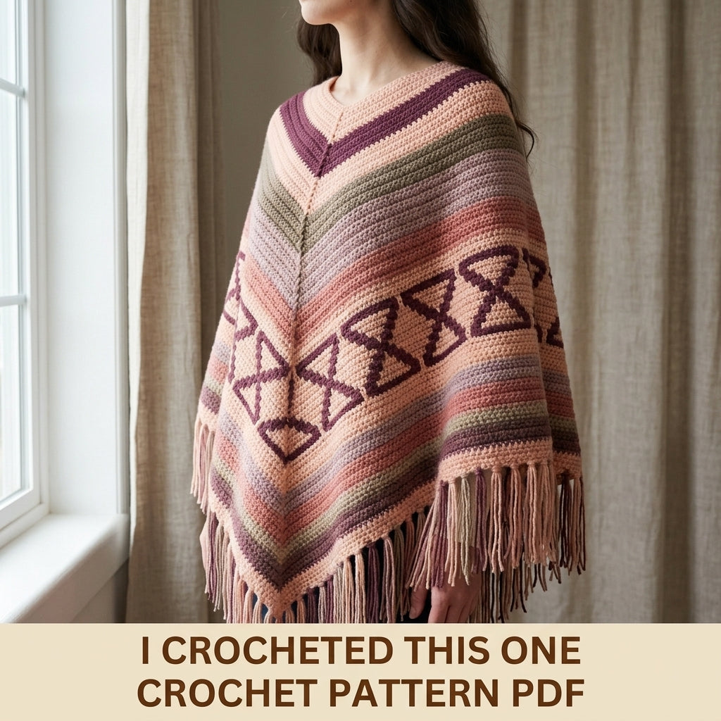Hourglass Rose Poncho Crochet Pattern PDF – Boho Fringe Poncho with Colourwork Band