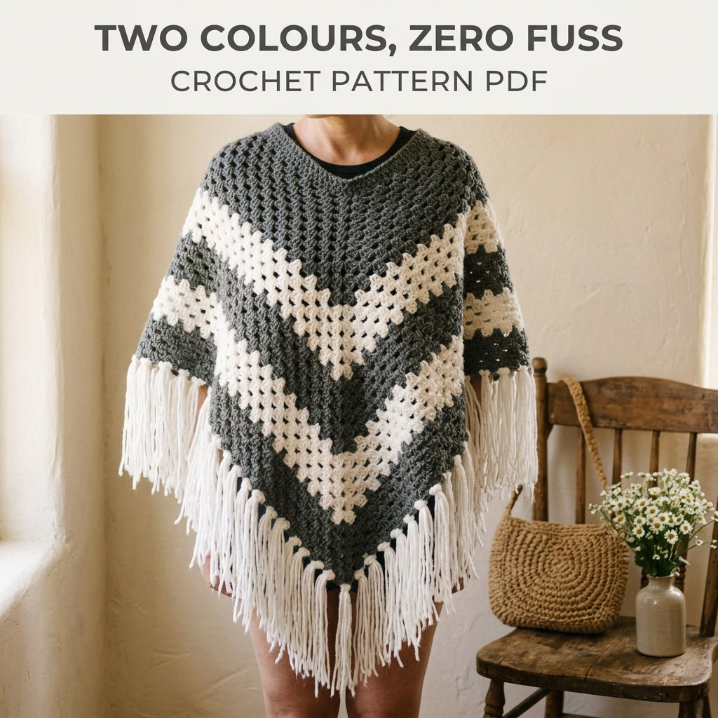Grey Chevron Granny Stitch Poncho Crochet Pattern PDF – Grey and White Chevron Poncho