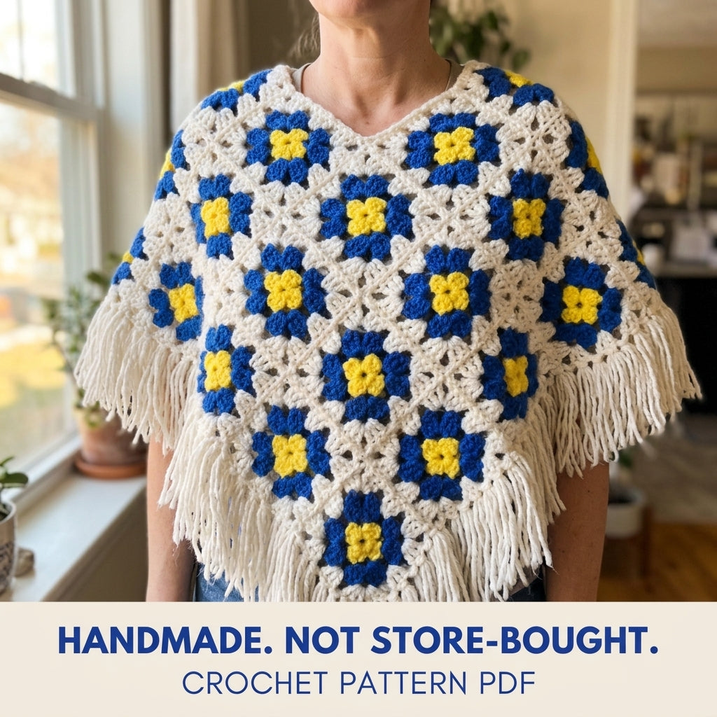 Blue and Yellow Granny Crochet Pattern PDF – Retro Flower Motif Poncho with Fringe