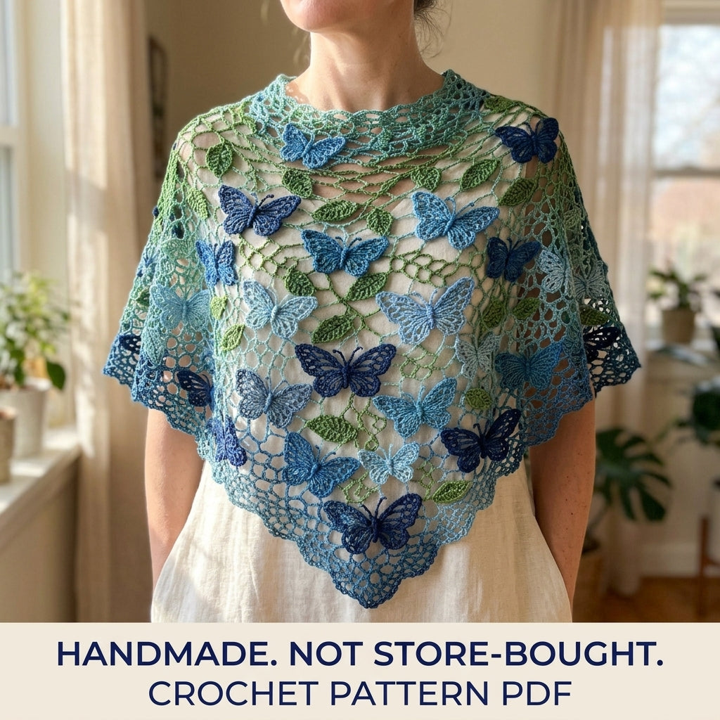 Butterfly Shawl Crochet Pattern PDF – Lace Net Shawl with Butterflies and Leaves