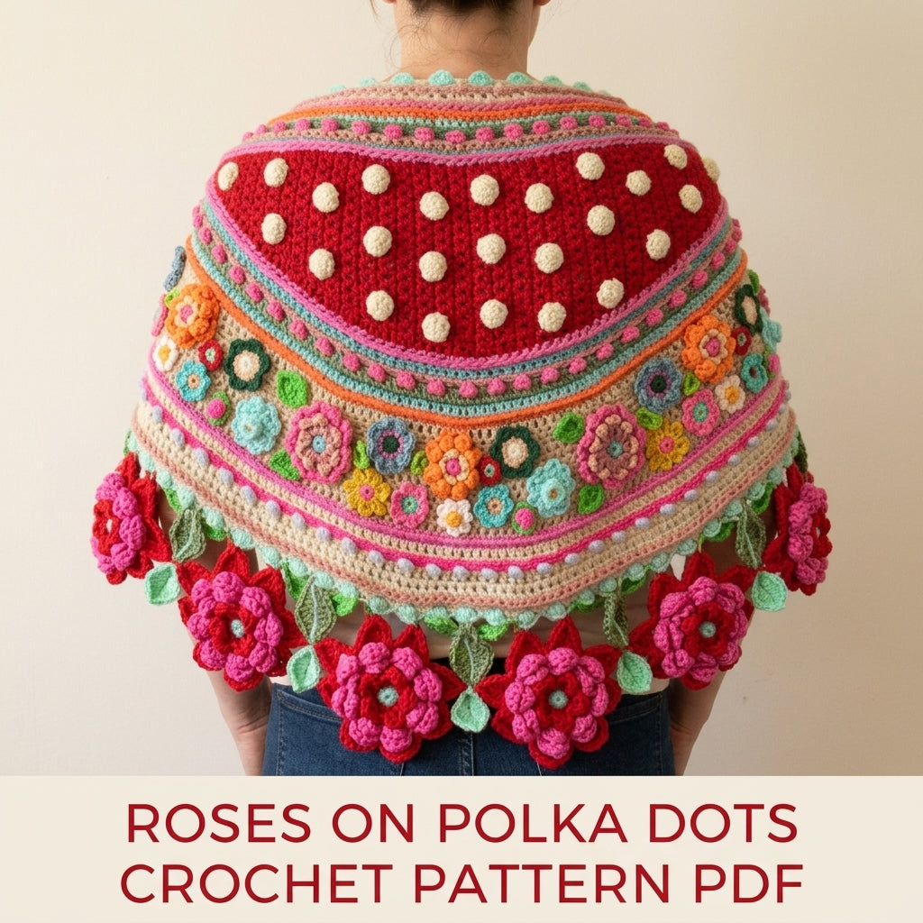 Polka Dot Rose Shawl Crochet Pattern PDF – Crescent Shawl with 3D Roses