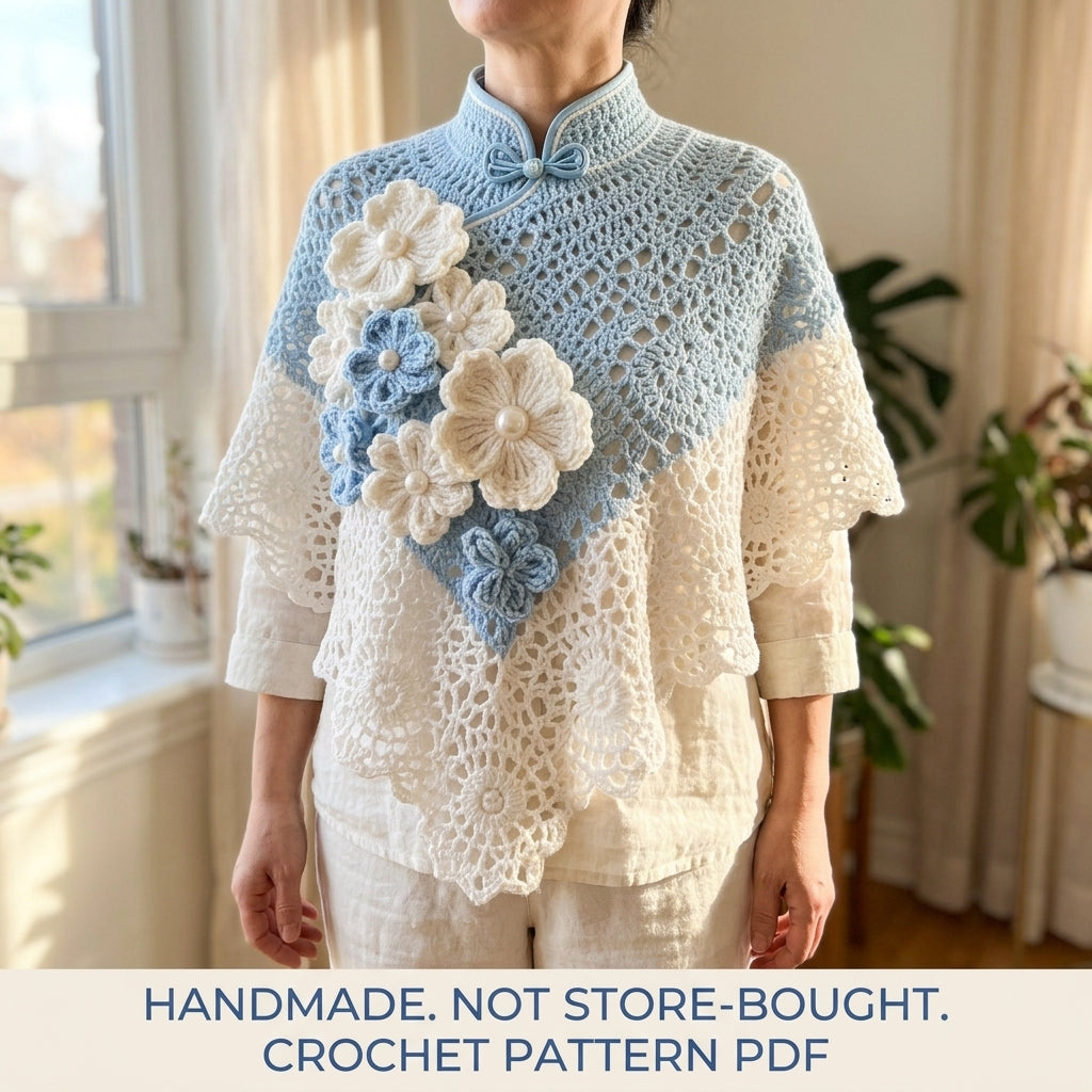 Flower Capelet Crochet Pattern PDF – Lace Capelet with Pearl Flowers