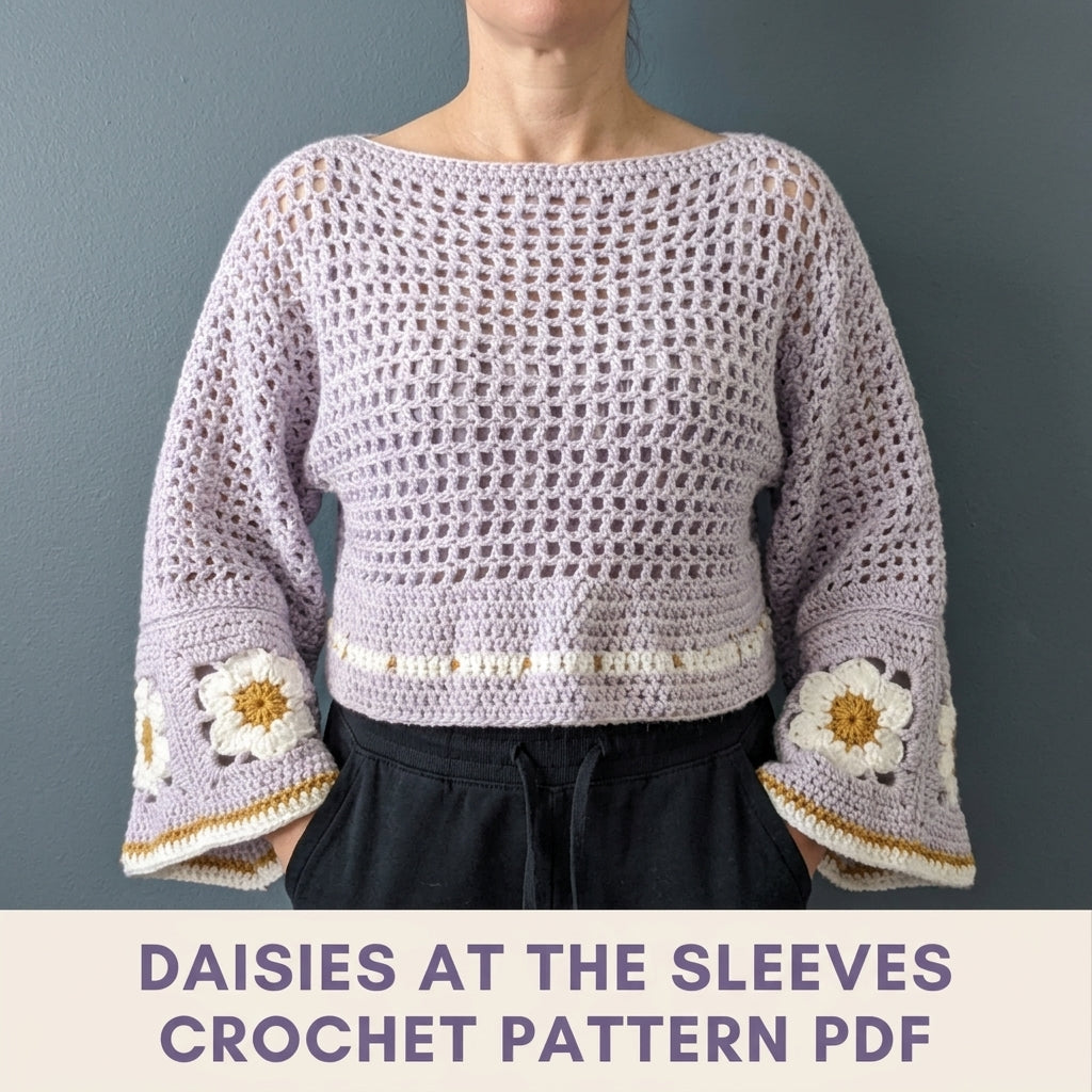 Bell Sleeve Top Crochet Pattern PDF – Lilac Mesh Crop Top with Daisy Squares