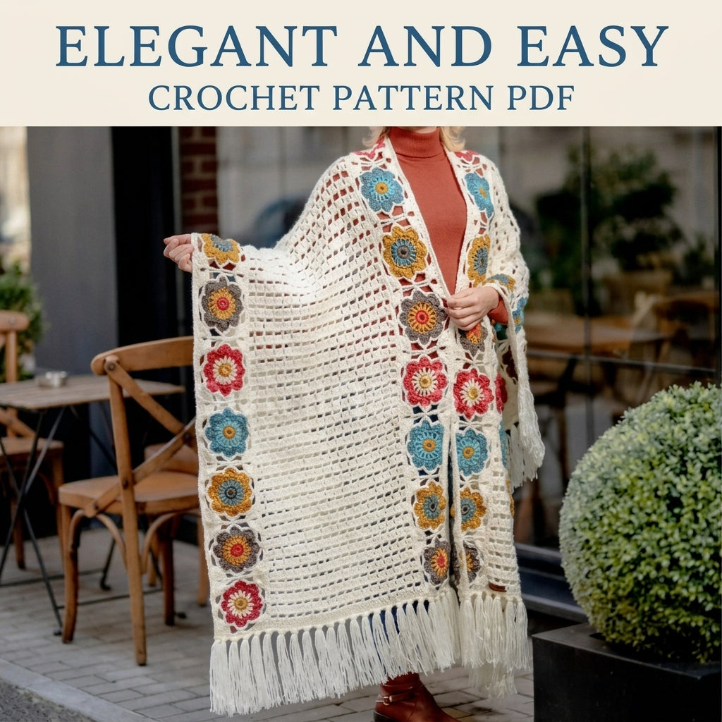 Flower Edge Mesh Wrap Crochet Pattern PDF – Granny Flower Shawl Cape