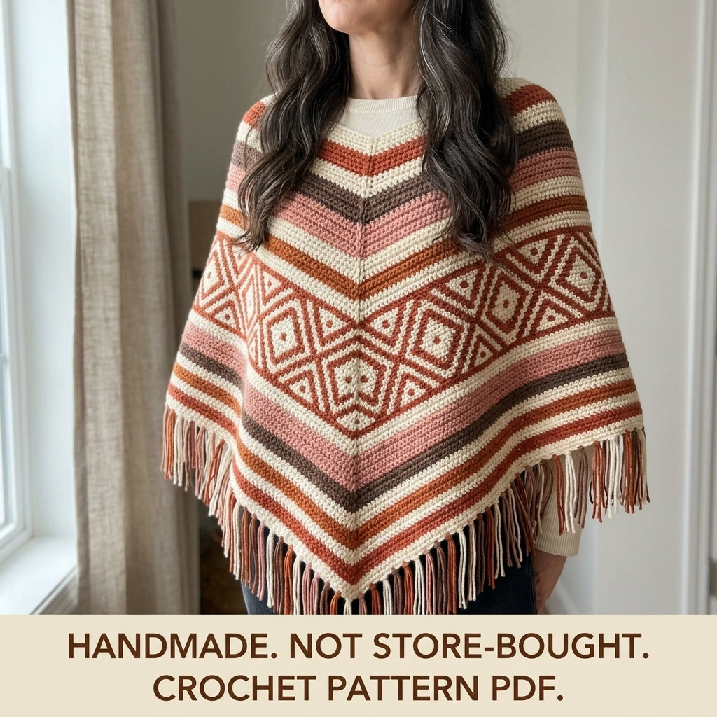 Terracotta Diamond Poncho Crochet Pattern PDF – Boho Fringe Poncho with Mosaic Colourwork Band