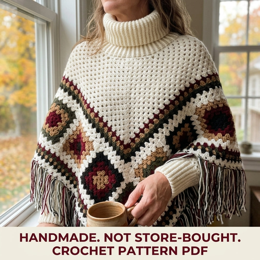 Turtleneck Granny Poncho Crochet Pattern PDF – Women's Poncho with Sleeves and Fringe