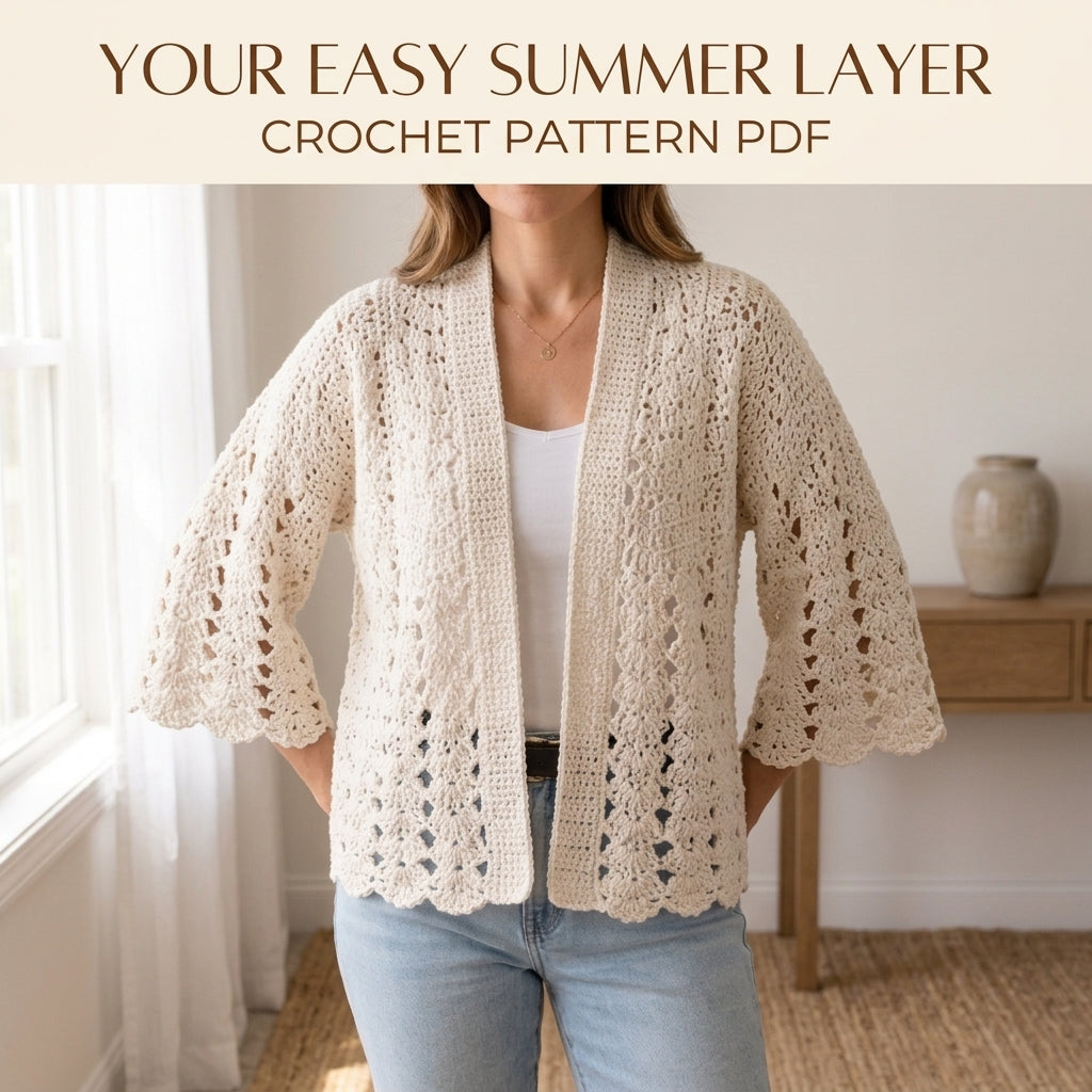 Lace Kimono Cardigan Crochet Pattern PDF – Fan Lace Cardigan with Wide Sleeves