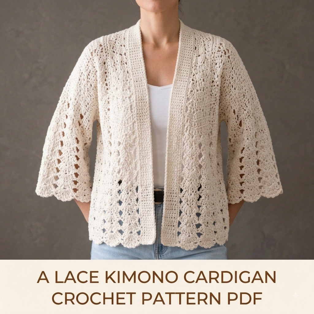 Lace Kimono Cardigan Crochet Pattern PDF – Fan Lace Cardigan with Wide Sleeves