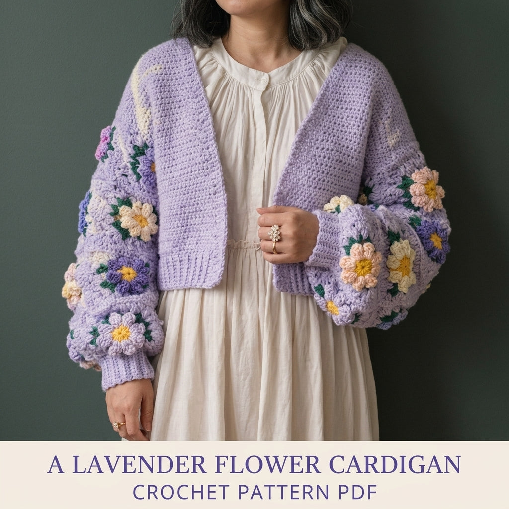 Lavender Flower Square Cardigan Crochet Pattern PDF – Oversized Granny Sleeve Cardigan