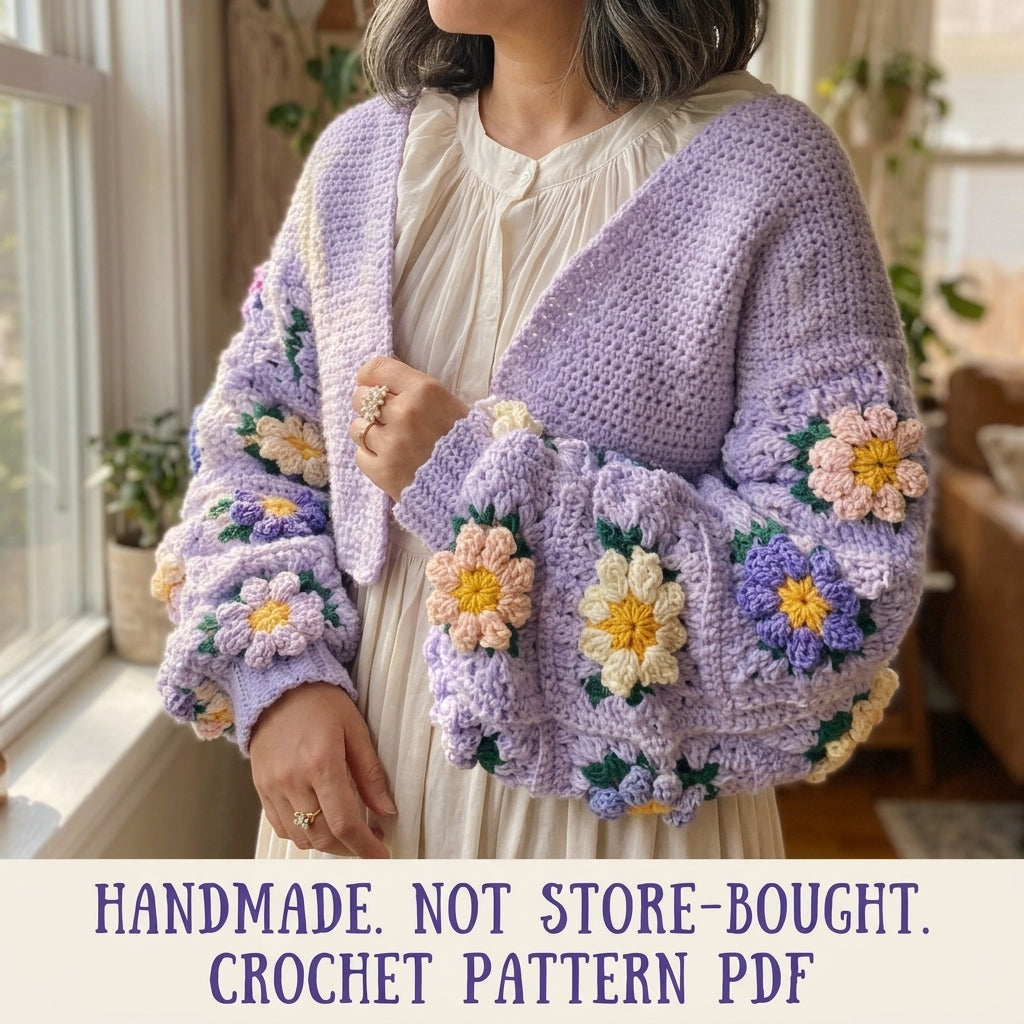Lavender Flower Square Cardigan Crochet Pattern PDF – Oversized Granny Sleeve Cardigan