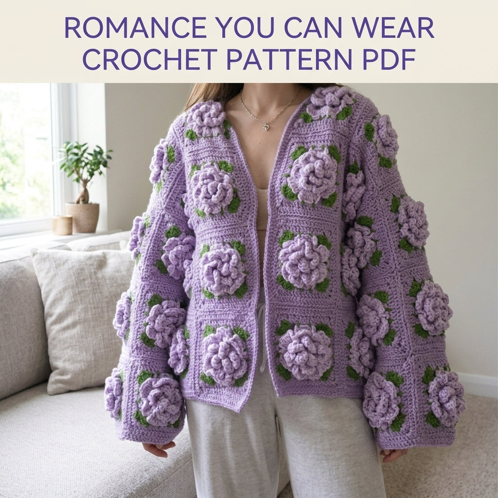 Lavender Rose Square Cardigan Crochet Pattern PDF – 3D Rose Granny Cardigan
