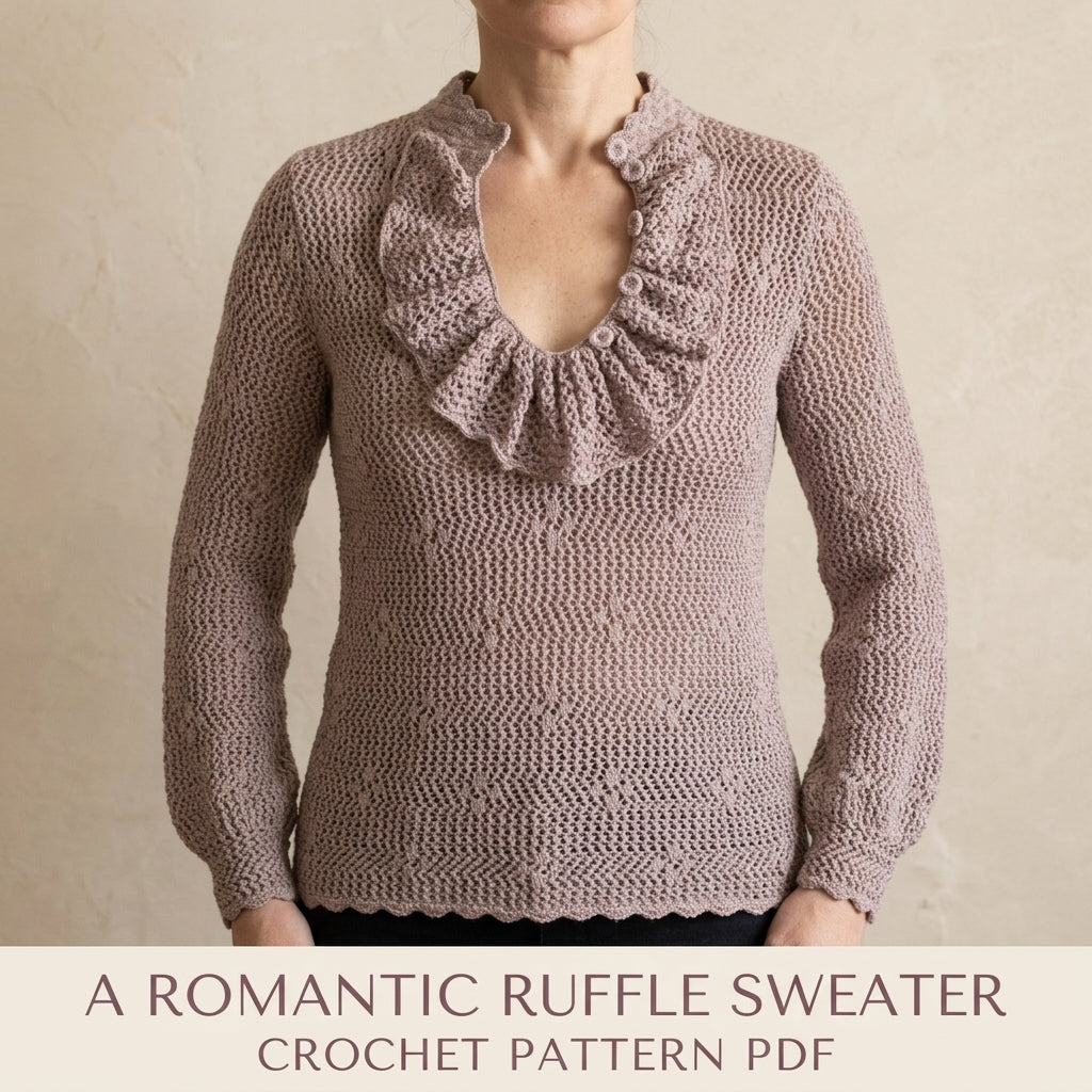 Mauve Lace Sweater Crochet Pattern PDF – Ruffle Collar Vintage Pullover