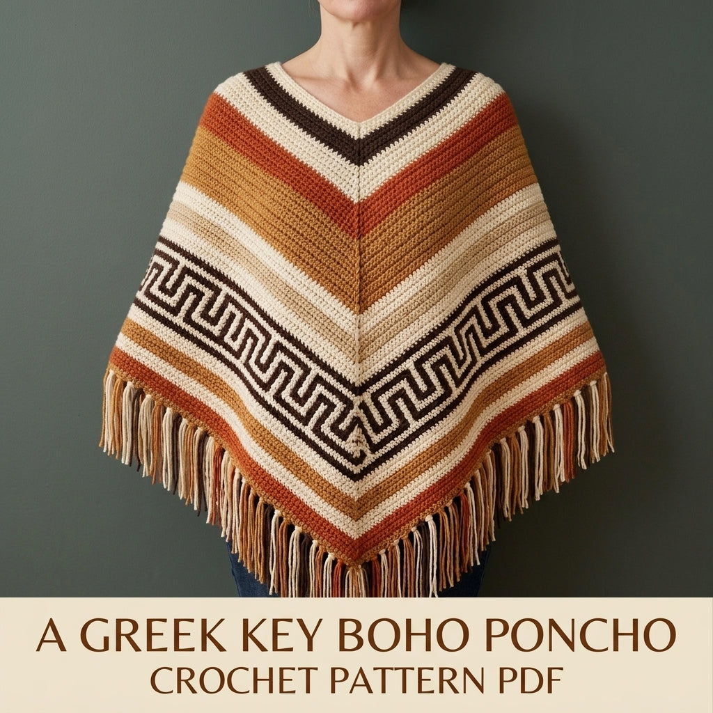 Greek Key Poncho Crochet Pattern PDF – Boho Fringe Poncho with Colourwork Band