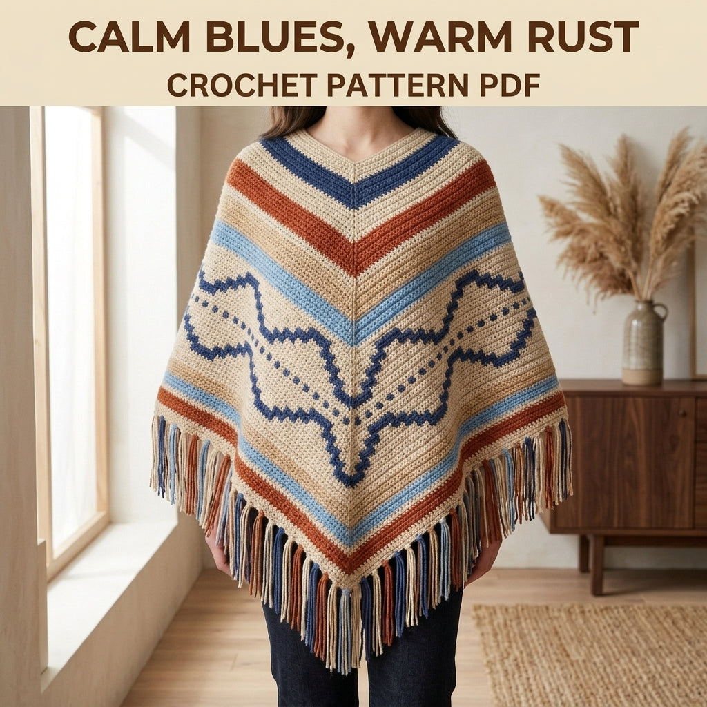 Desert Wave Poncho Crochet Pattern PDF – Boho Fringe Poncho with Mosaic Colourwork Band