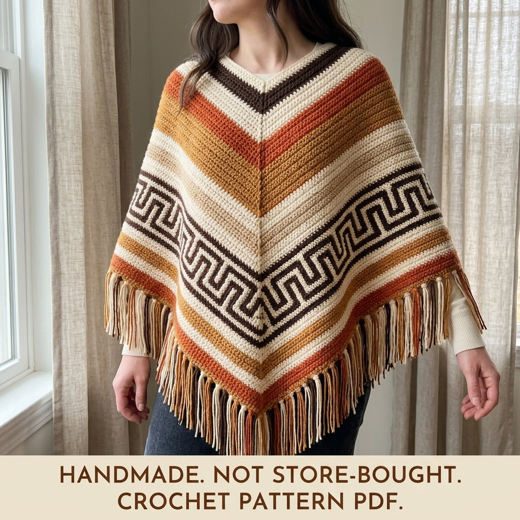 Greek Key Poncho Crochet Pattern PDF – Boho Fringe Poncho with Colourwork Band