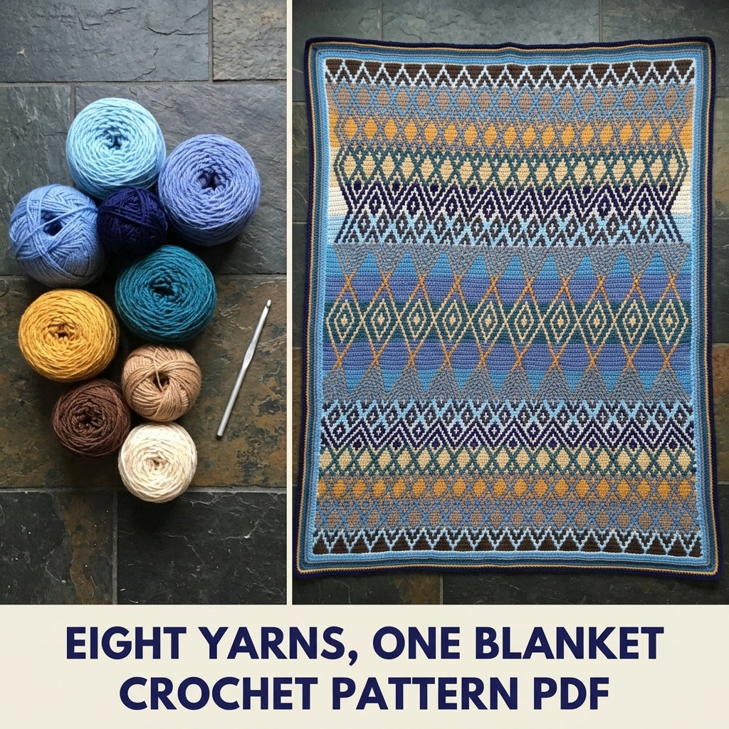 Blue Diamond Mosaic Crochet Blanket Pattern PDF – Geometric Throw in Blue and Mustard