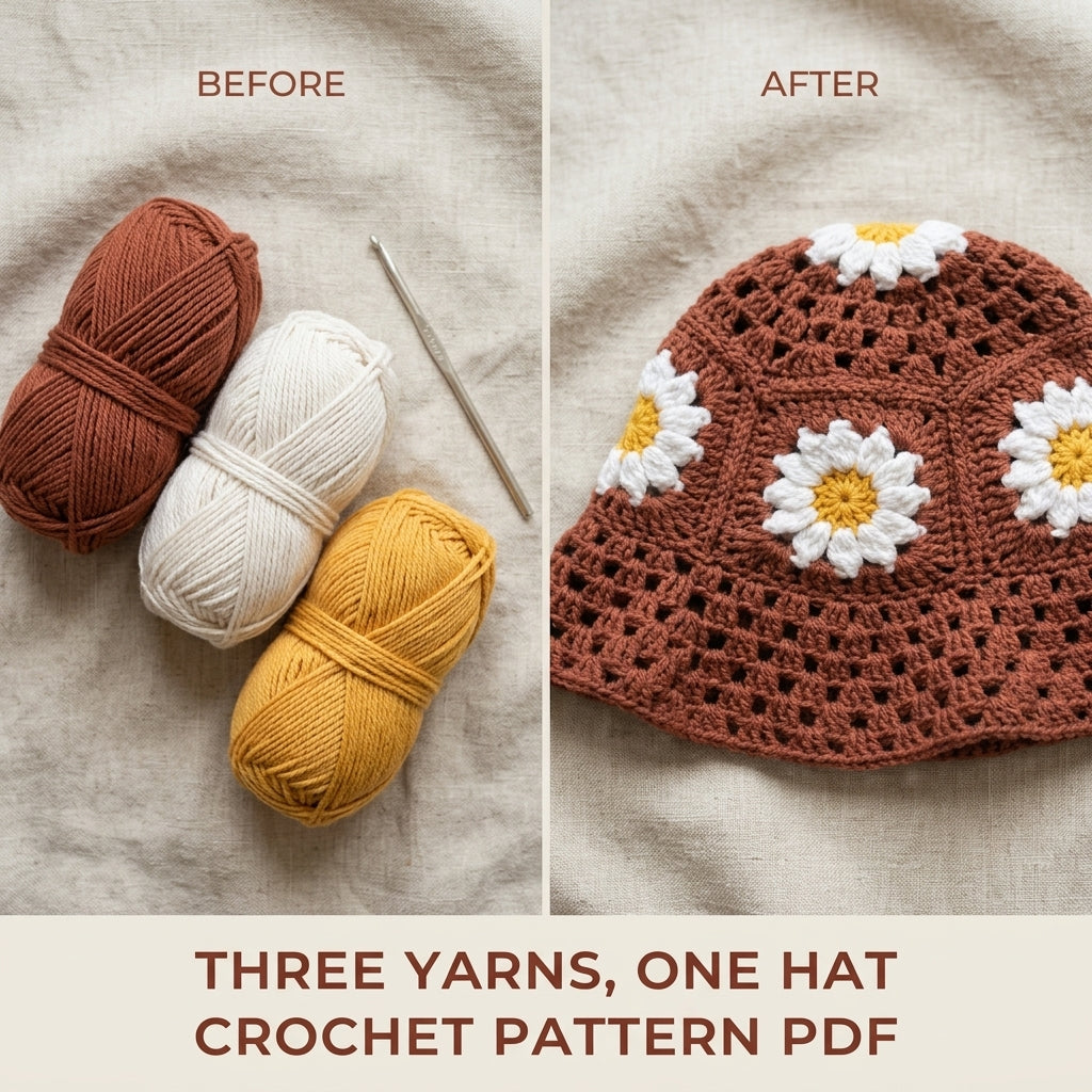 Daisy Granny Bucket Hat Crochet Pattern PDF – Granny Square Sun Hat with Flowers
