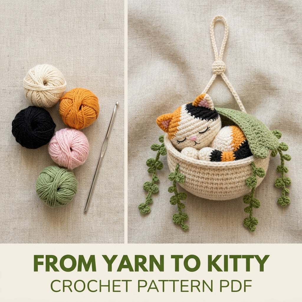 Sleeping Cat Basket Car Charm Crochet Pattern PDF – Rear View Mirror Hanging