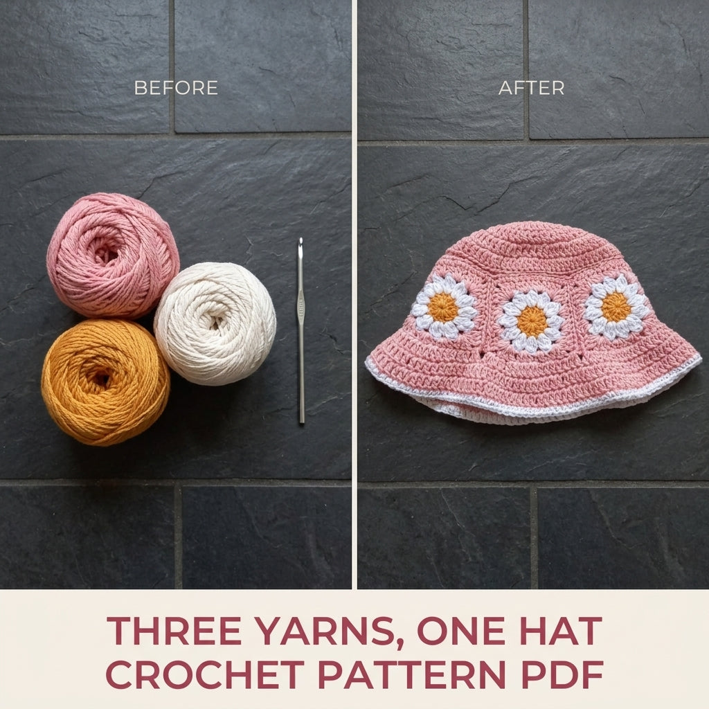 Pink Daisy Granny Bucket Hat Crochet Pattern PDF – Granny Square Sun Hat with Flowers