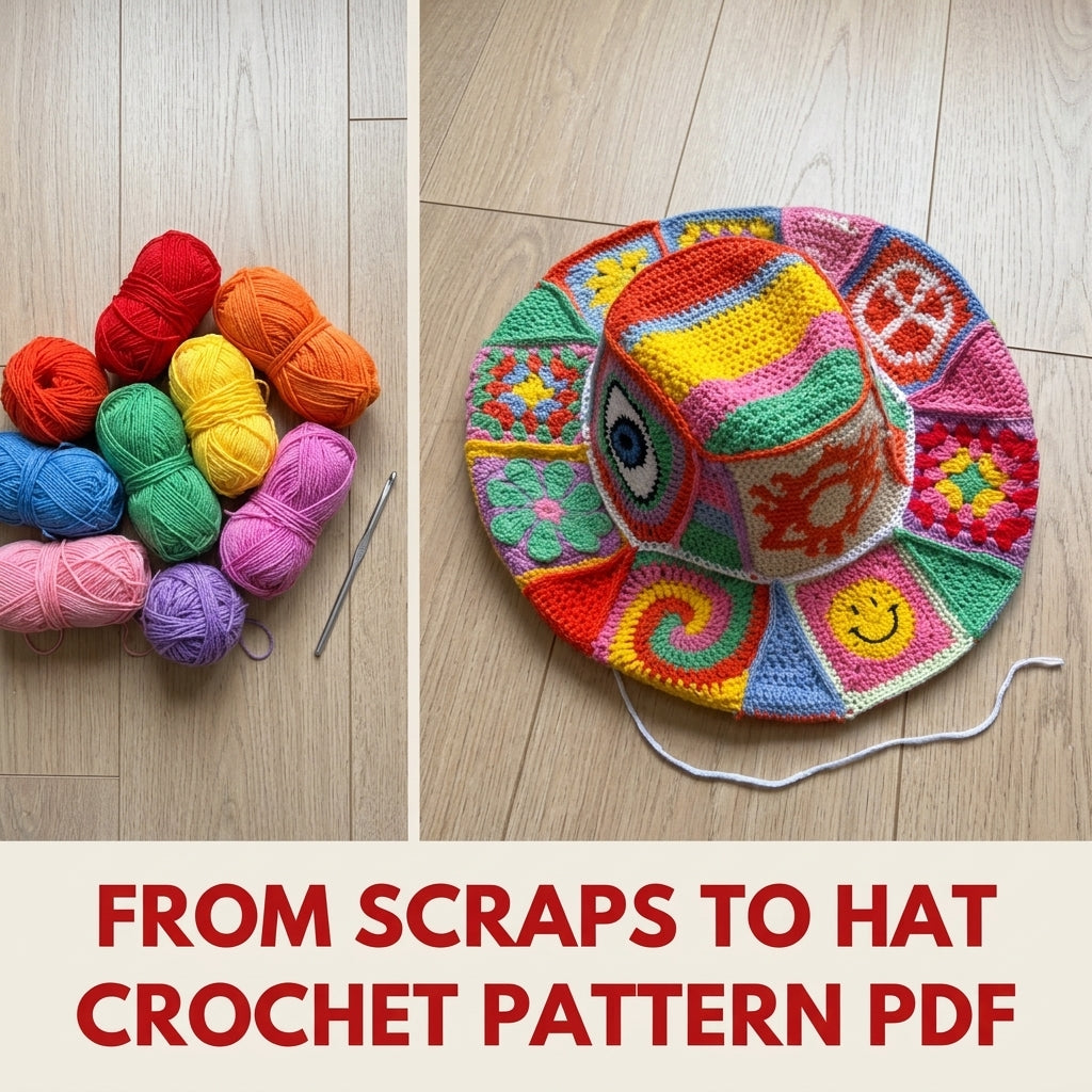 Patchwork Bucket Hat Crochet Pattern PDF – Motif Panels with Smiley and Evil Eye