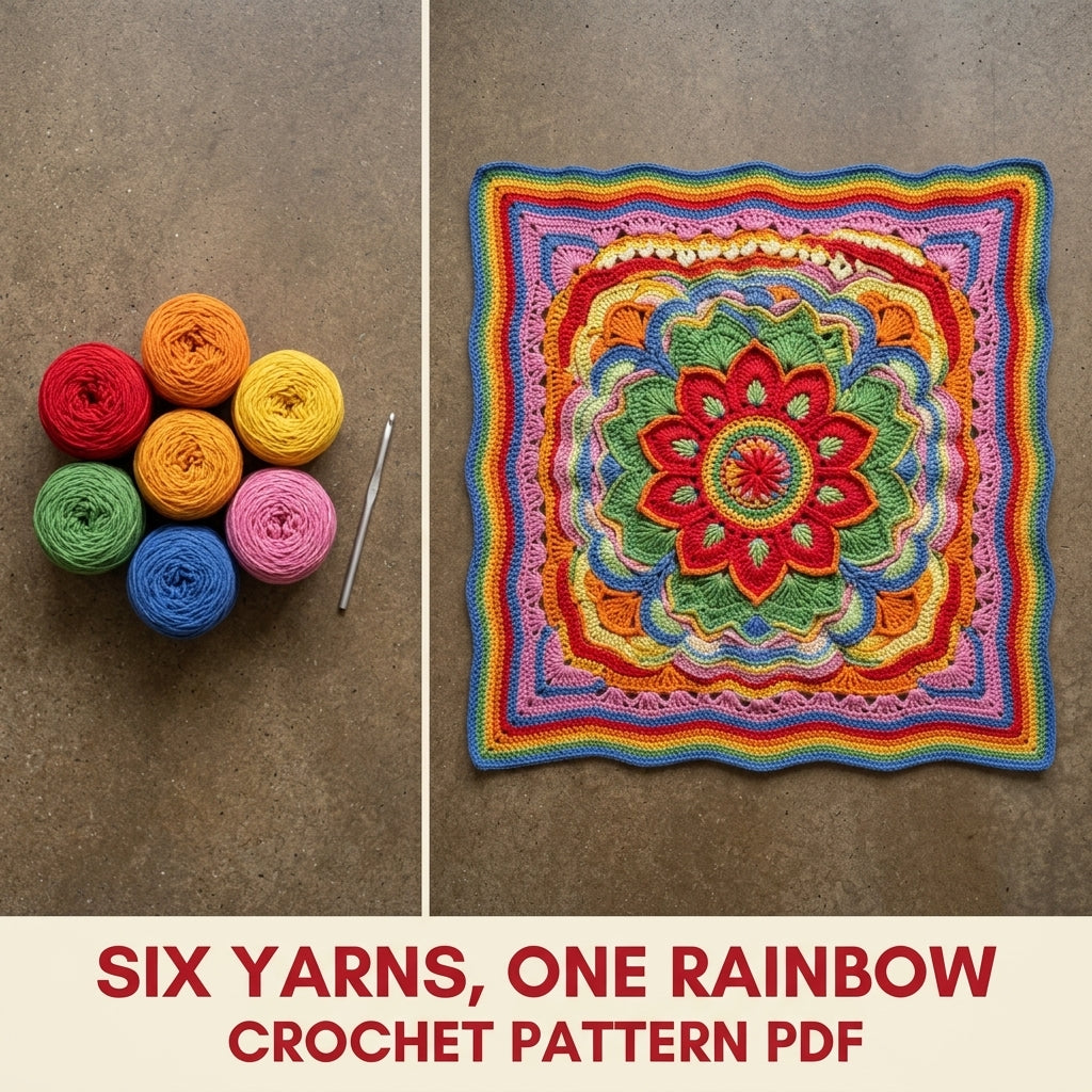 Rainbow Bloom Crochet Blanket Pattern PDF – Textured Overlay Mandala Throw with Stripes