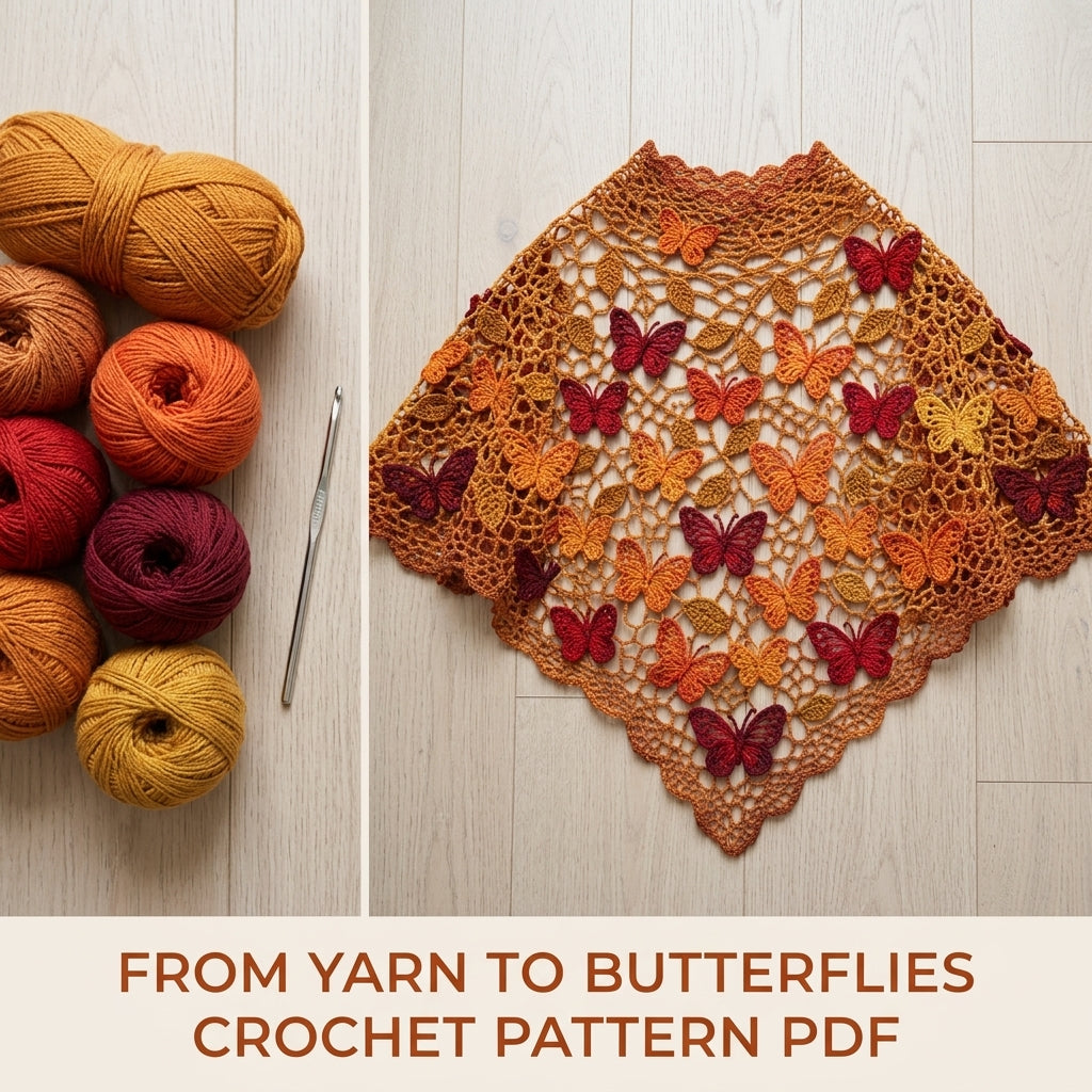 Autumn Butterfly Shawl Crochet Pattern PDF – Lace Net Shawl with Butterflies