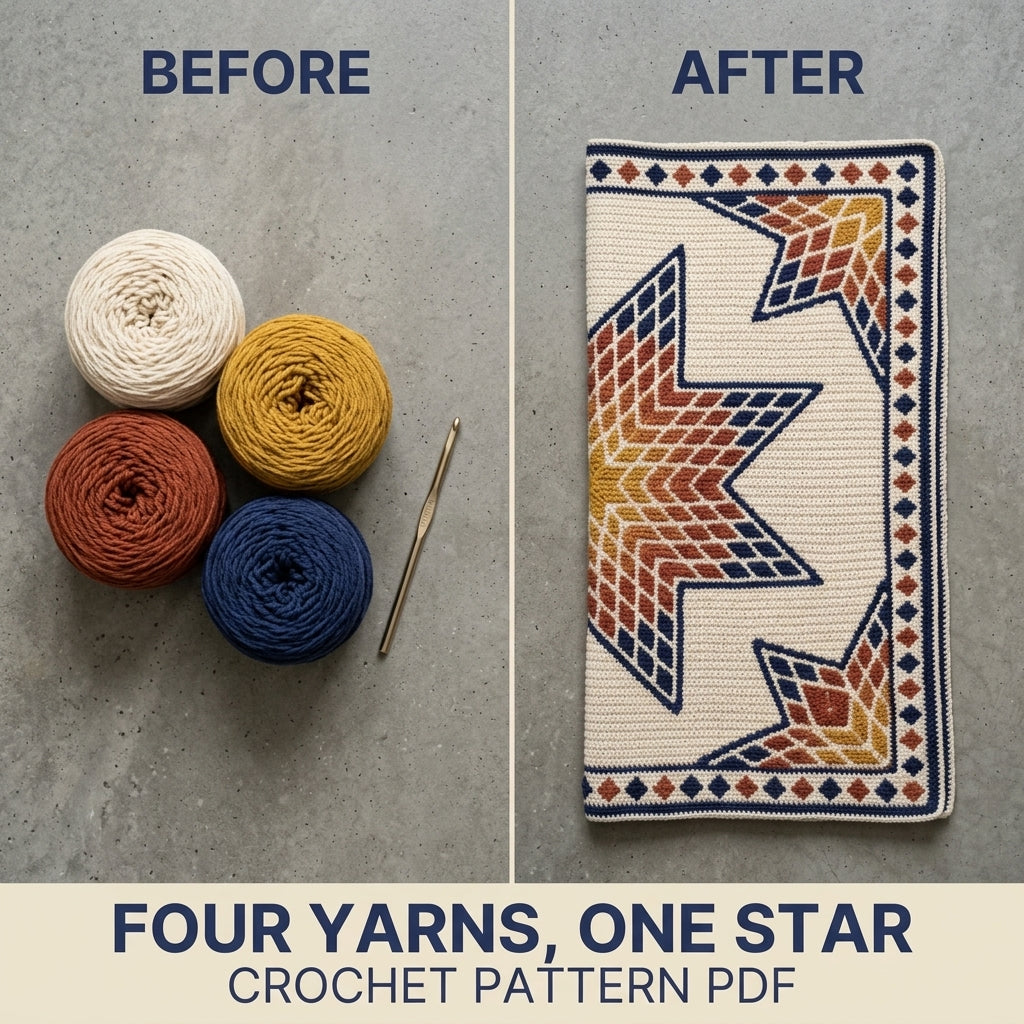 Lone Star Tapestry Crochet Blanket Pattern PDF – Quilt-Inspired Star Throw in Mustard, Rust and Navy