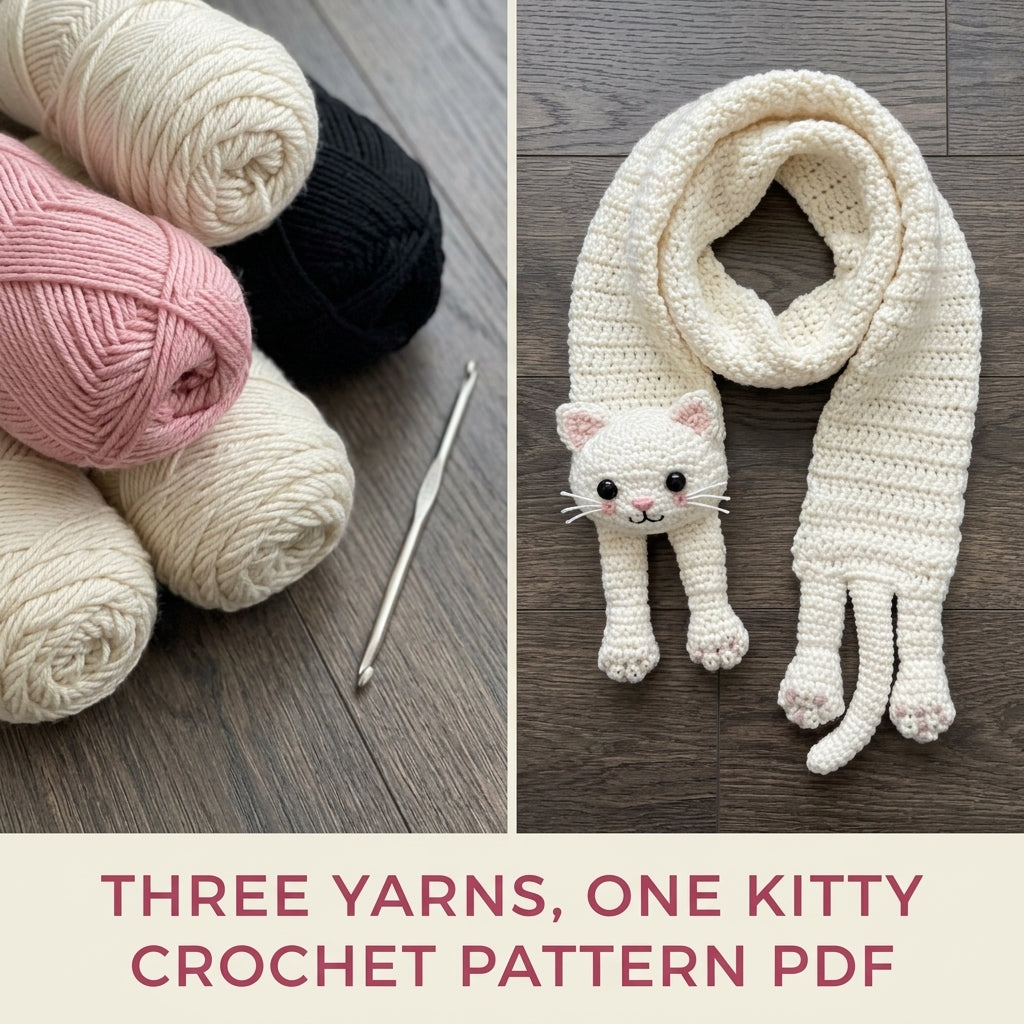 Kitty Hug Scarf Crochet Pattern PDF – Cat Scarf with 3D Head and Paws