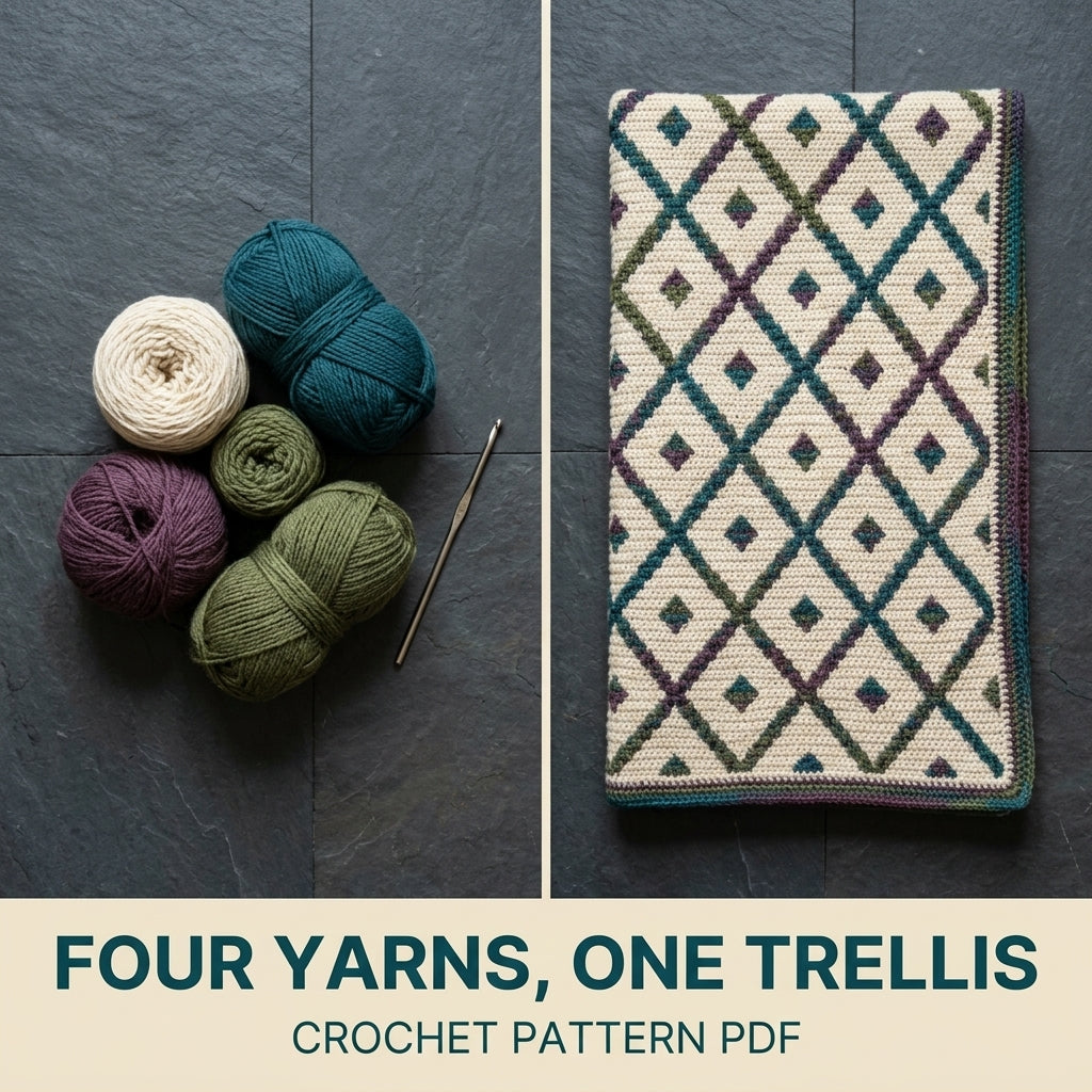 Trellis Mosaic Crochet Blanket Pattern PDF – Diamond Lattice Throw in Teal, Plum and Green