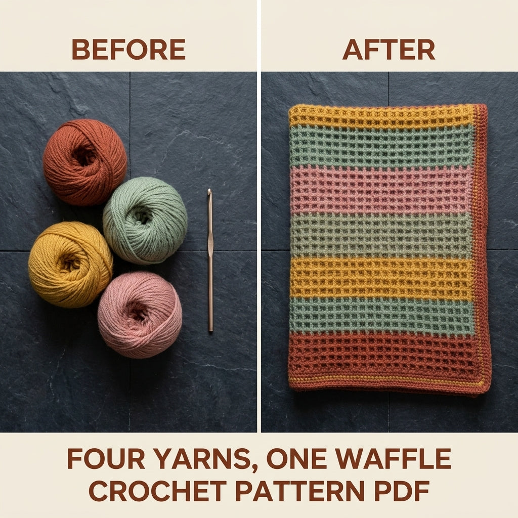 Waffle Stitch Crochet Blanket Pattern PDF – Easy Textured Striped Throw in Rust, Sage and Mustard