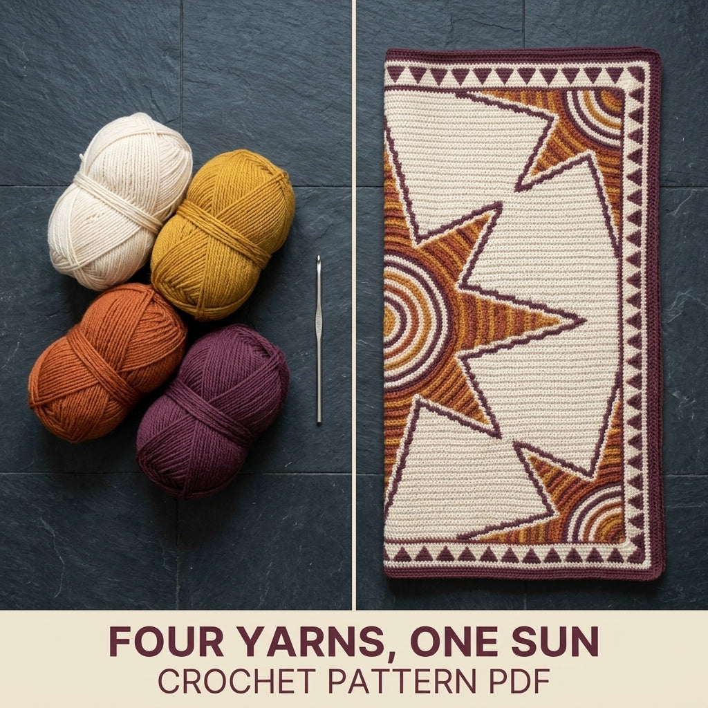 Sun Star Tapestry Crochet Blanket Pattern PDF – Celestial Throw in Mustard, Orange and Plum