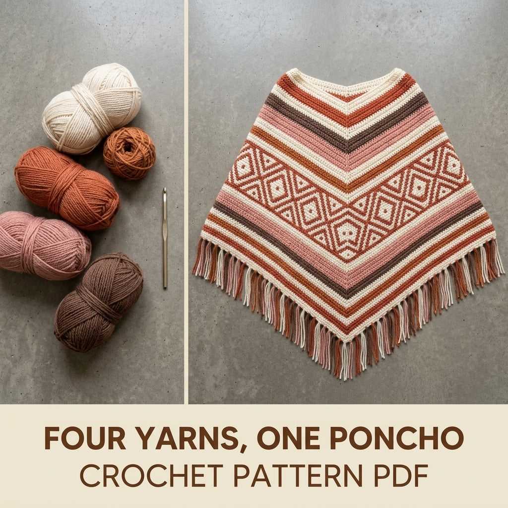 Terracotta Diamond Poncho Crochet Pattern PDF – Boho Fringe Poncho with Mosaic Colourwork Band