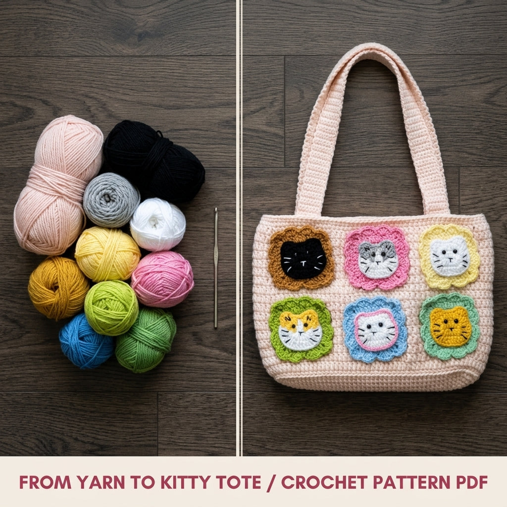 Kitty Patch Tote Bag Crochet Pattern PDF – Cat Face Shoulder Bag with Flower Frames