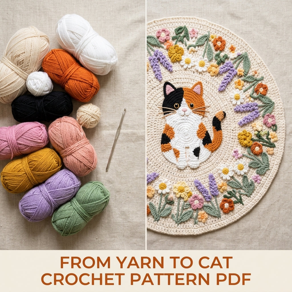 Calico Cat Flower Round Rug Crochet Pattern PDF – Cat Rug with Flower Wreath