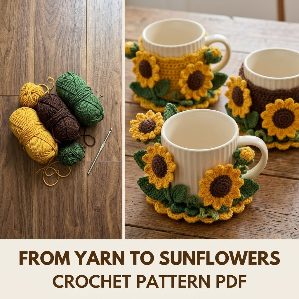 Sunflower Mug Cozy and Coaster Set Crochet Pattern PDF – Mug Rug