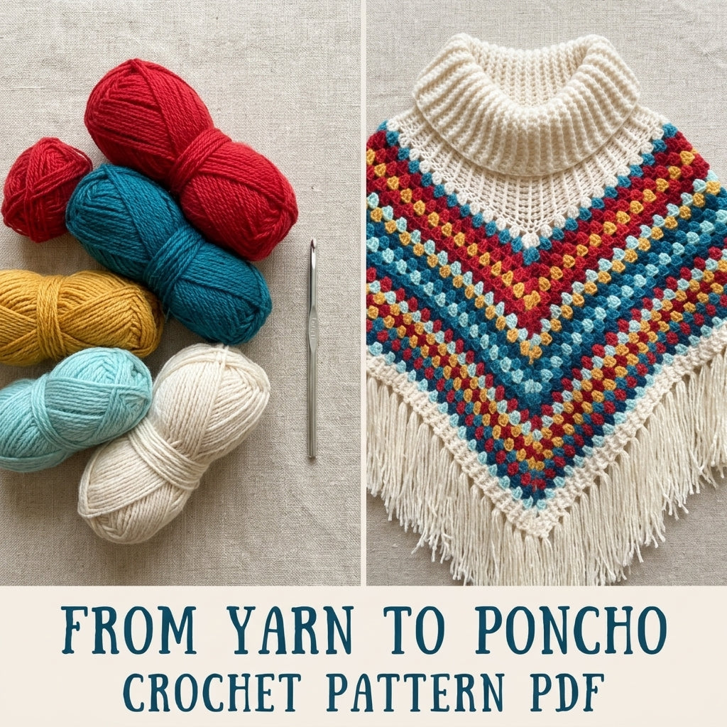 Cowl Neck Granny Stripe Poncho Crochet Pattern PDF – Easy Fringe Poncho