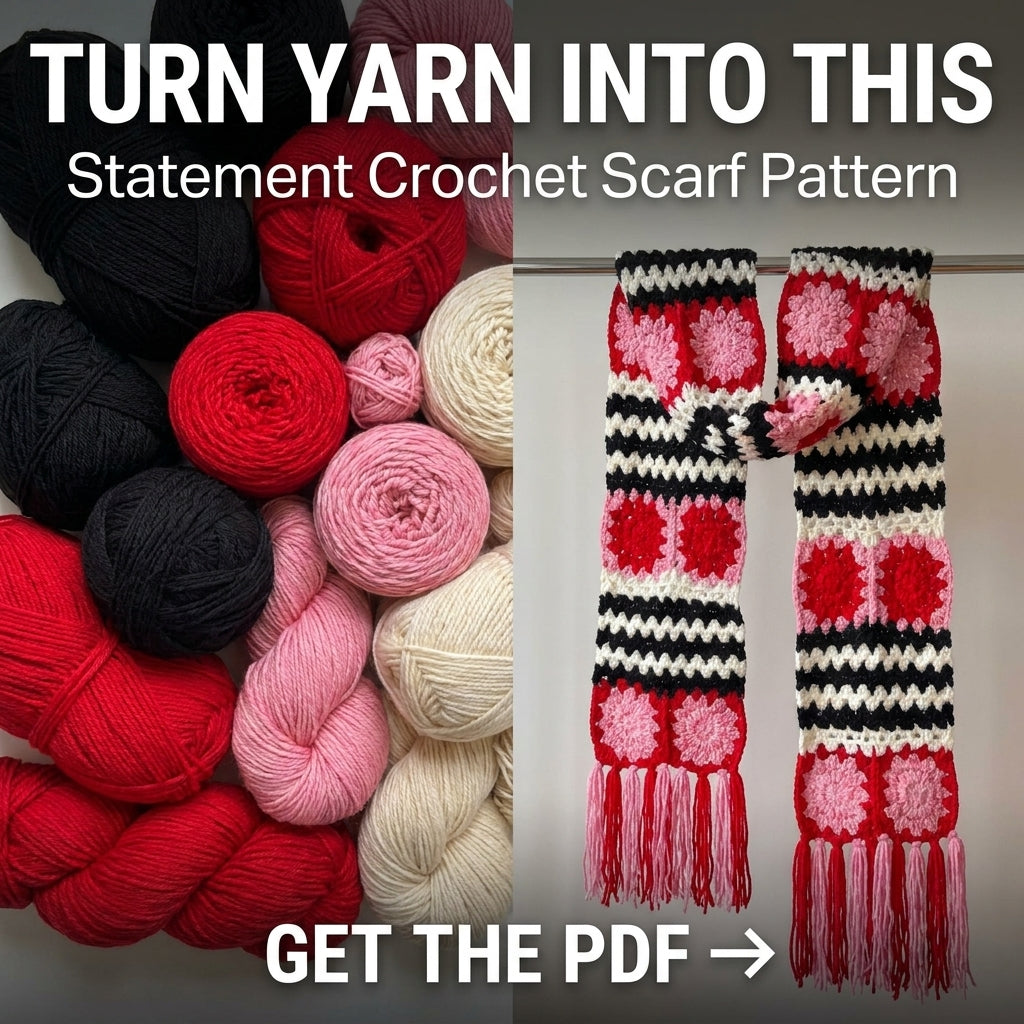 Granny Square Scarf Crochet Pattern | Flower Squares & Striped Panels with Fringe | Oversized Winter Scarf | PDF Instant Download