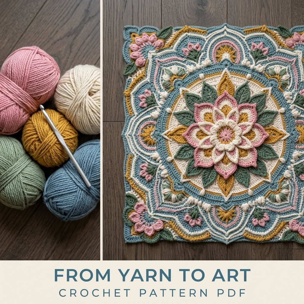 Framed Flower Mandala Square Crochet Pattern PDF – 3D Mandala Wall Art