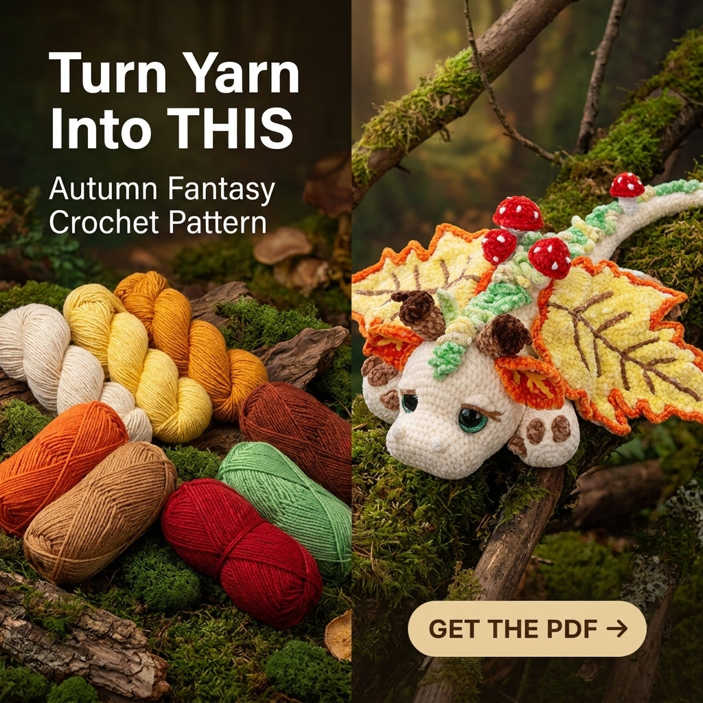 Autumn Leaf Dragon Crochet Pattern | Amigurumi Dragon with Leaf Wings & Mushrooms | Velvet Yarn Plush | PDF Instant Download