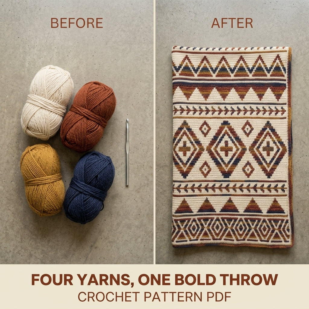 Southwest Arrow Mosaic Crochet Blanket Pattern PDF – Geometric Throw in Rust, Mustard and Navy