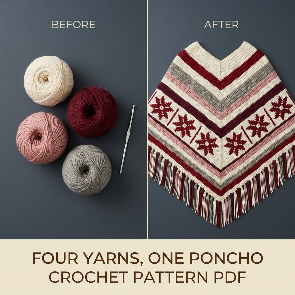 Burgundy Star Poncho Crochet Pattern PDF – Boho Fringe Poncho with Colourwork Band