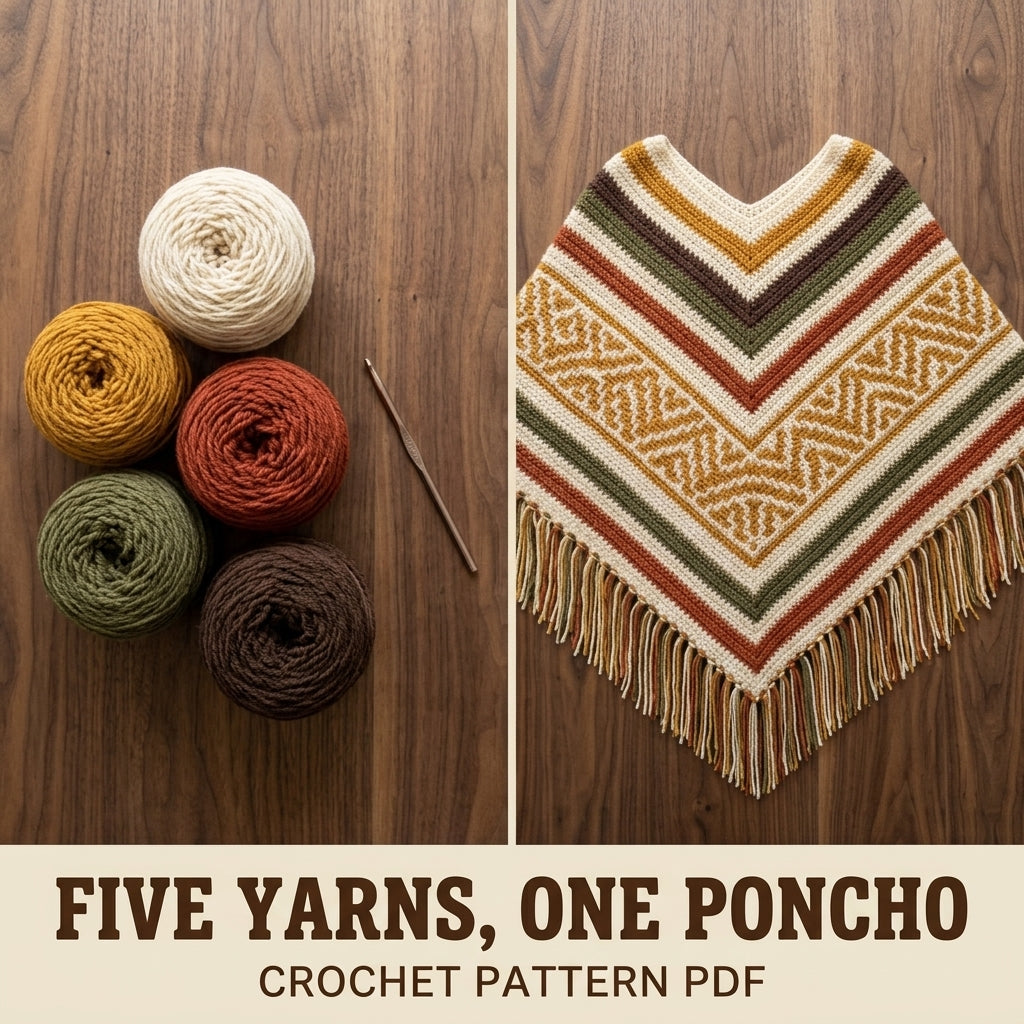 Harvest Mosaic Poncho Crochet Pattern PDF – Boho Fringe Poncho with Mosaic Colourwork Band