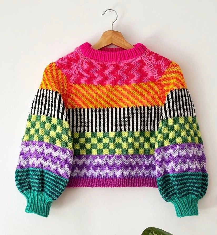 Colourwork Sweater KNITTING Pattern | Multi-Motif Striped Jumper with Balloon Sleeves | Stranded Colourwork | PDF Instant Download