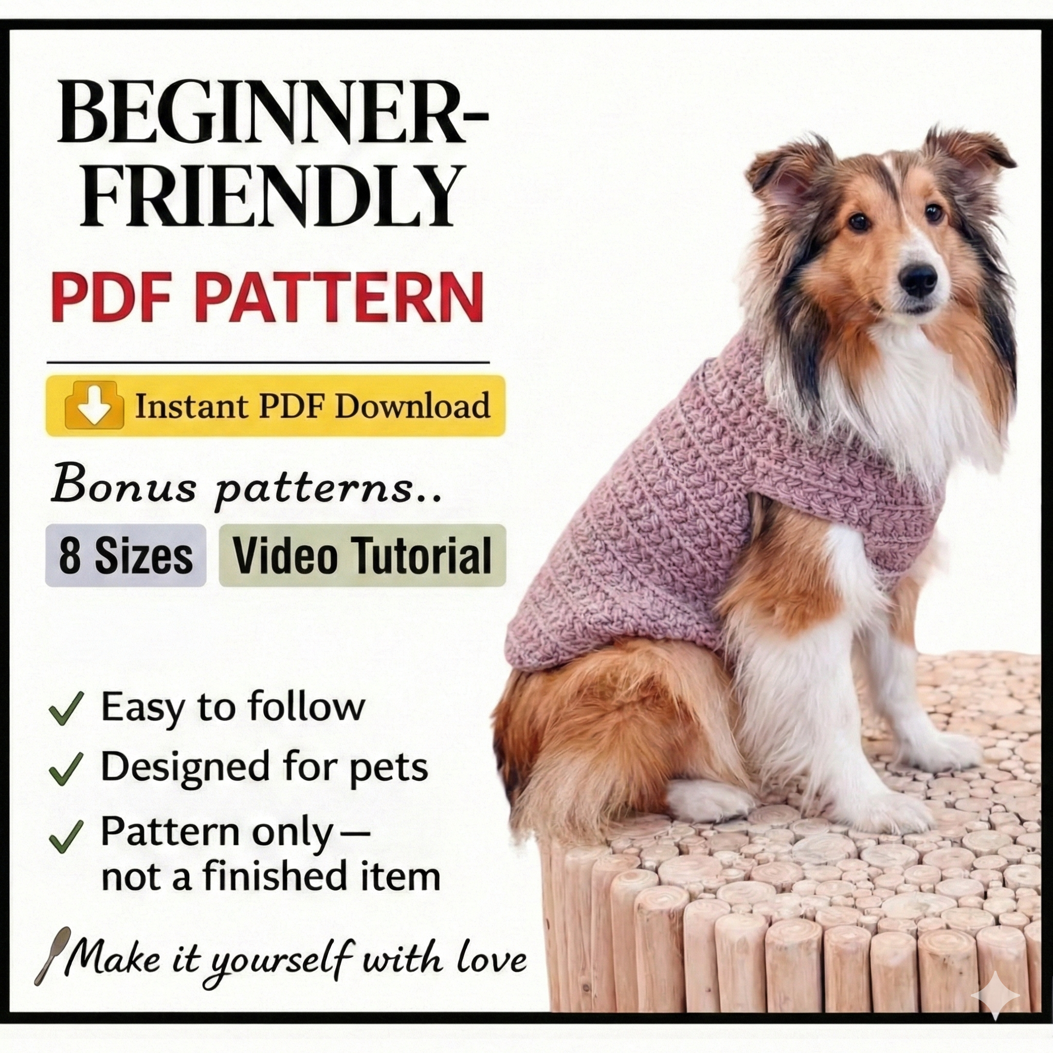 CROCHET PATTERN + VIDEO Top Down Dog Sweater Crochet Pattern – Wheat Stitch™ One Piece Easy Pet Pullover in 8 Sizes – Pdf Digital Download