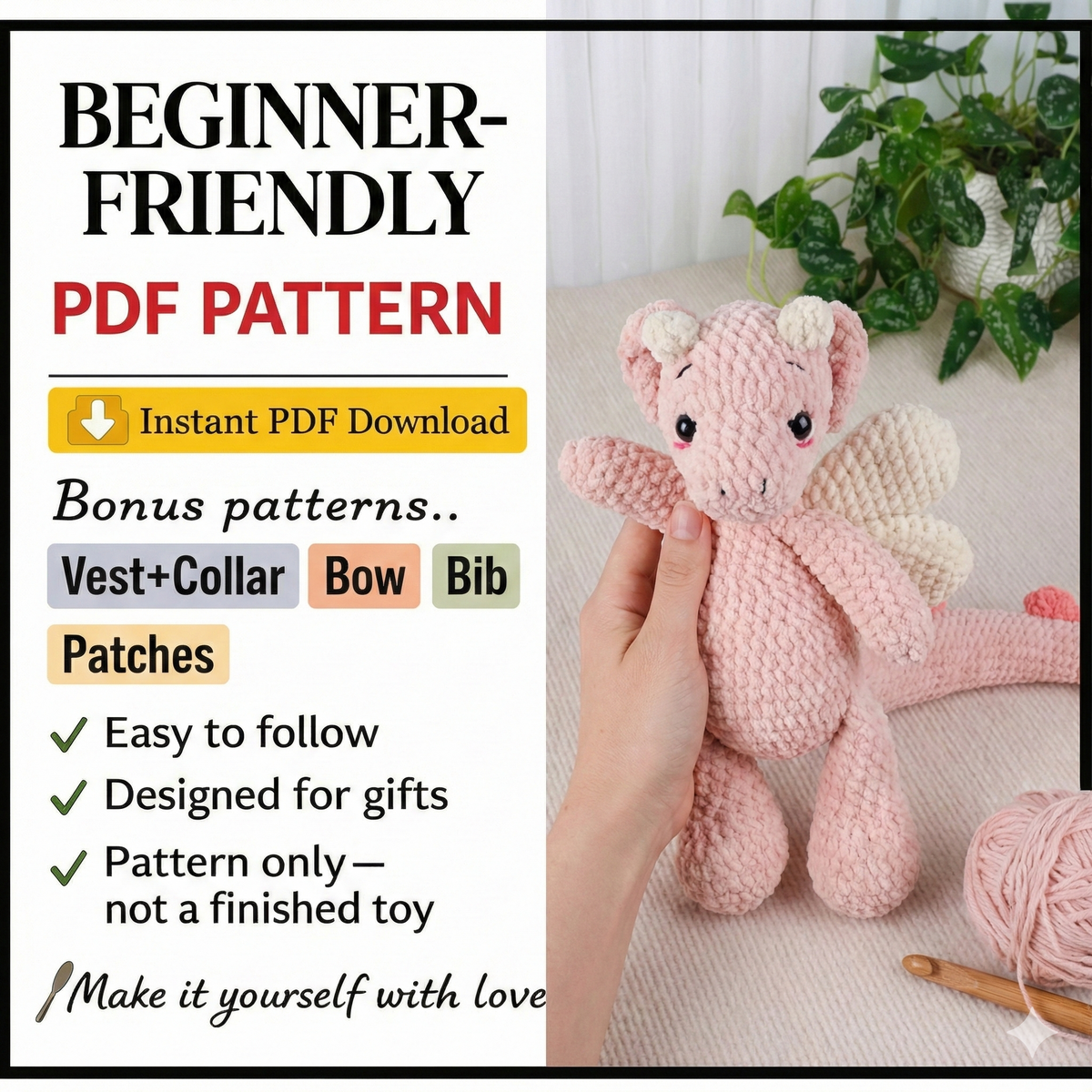 Heart Dragon Crochet Pattern, Amigurumi Crochet Pattern, Crochet Dragon Pattern, Handmade Amigurumi Crochet Pattern, PDF Crochet Pattern