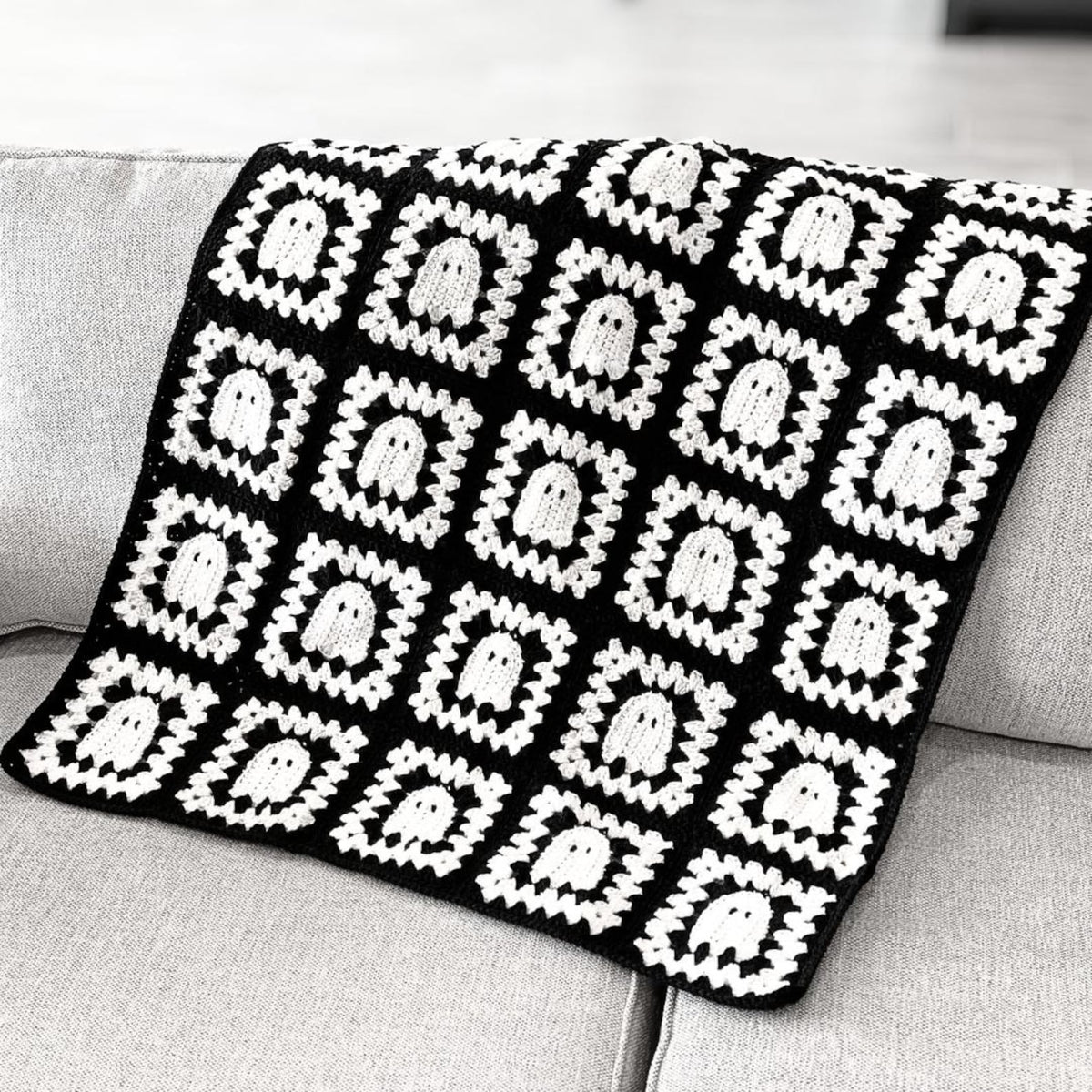 Ghost Granny Square Blanket Crochet Pattern | Black & White Halloween Throw | Beginner Granny Square Project | PDF Instant Download
