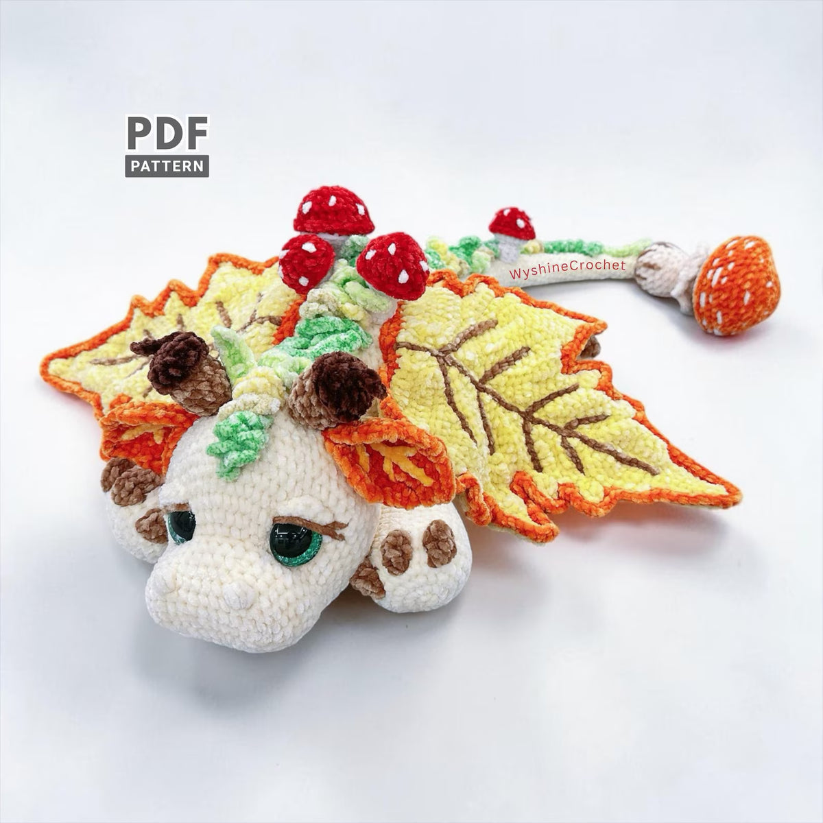 Autumn Leaf Dragon Crochet Pattern | Amigurumi Dragon with Leaf Wings & Mushrooms | Velvet Yarn Plush | PDF Instant Download