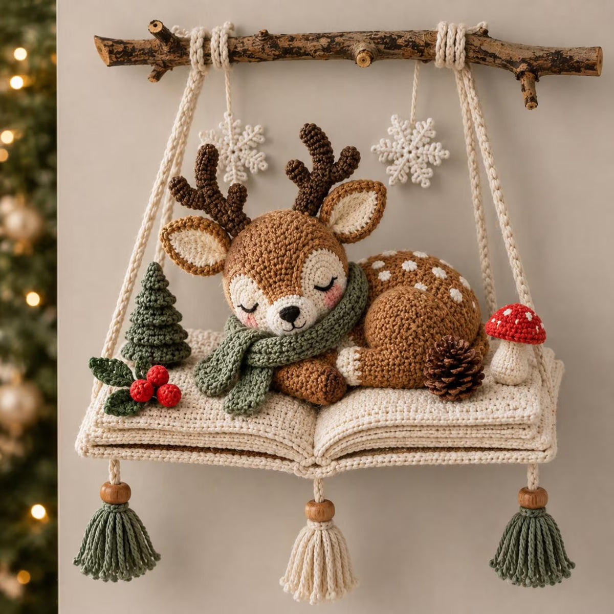 Christmas Wall Hanging Crochet Pattern — Sleeping Deer Scene on an Open Book with Tassels, US Terms, PDF Download